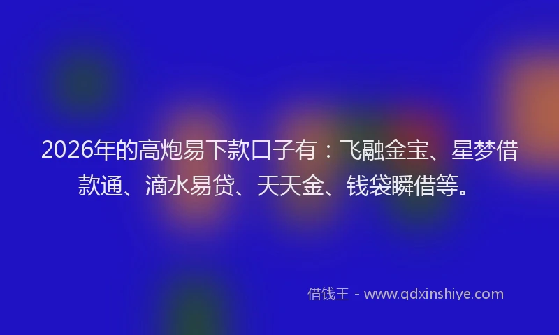 2026年的高炮易下款口子有：飞融金宝、星梦借款通、滴水易贷、天天金、钱袋瞬借等。