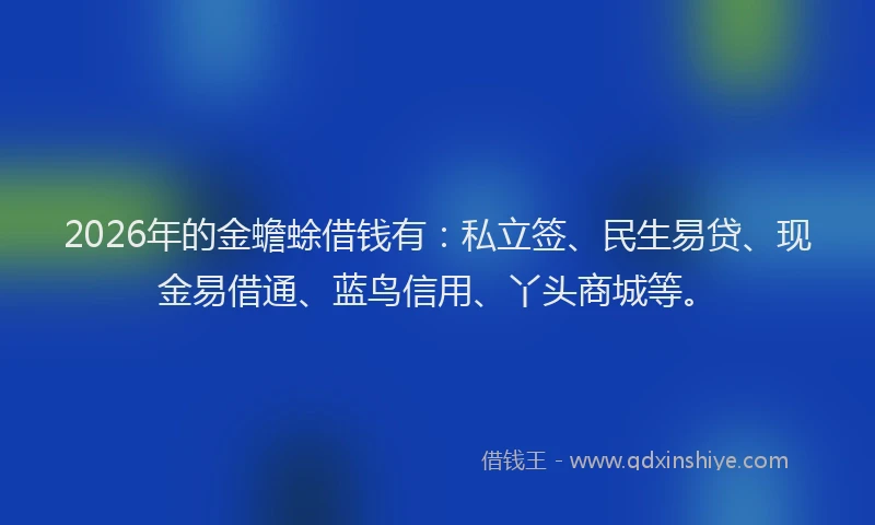 2026年的金蟾蜍借钱有：私立签、民生易贷、现金易借通、蓝鸟信用、丫头商城等。