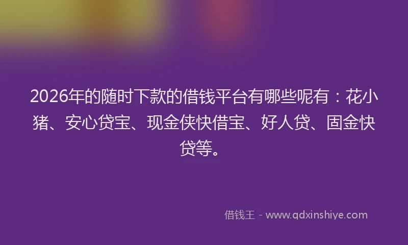 2026年的随时下款的借钱平台有哪些呢有：花小猪、安心贷宝、现金侠快借宝、好人贷、固金快贷等。