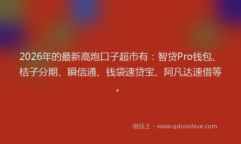2026年的最新高炮口子超市有：智贷Pro钱包、桔子分期、瞬信通、钱袋速贷宝、阿凡达速借等。