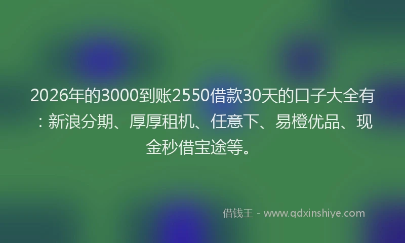 2026年的3000到账2550借款30天的口子大全有：新浪分期、厚厚租机、任意下、易橙优品、现金秒借宝途等。