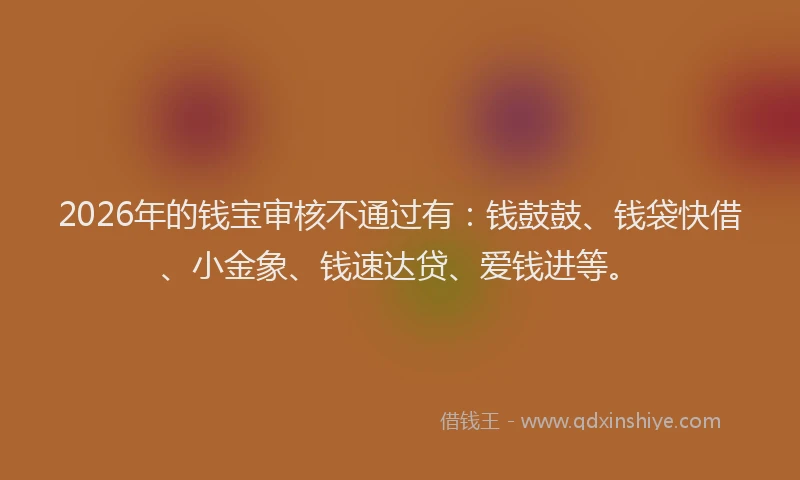 2026年的钱宝审核不通过有：钱鼓鼓、钱袋快借、小金象、钱速达贷、爱钱进等。