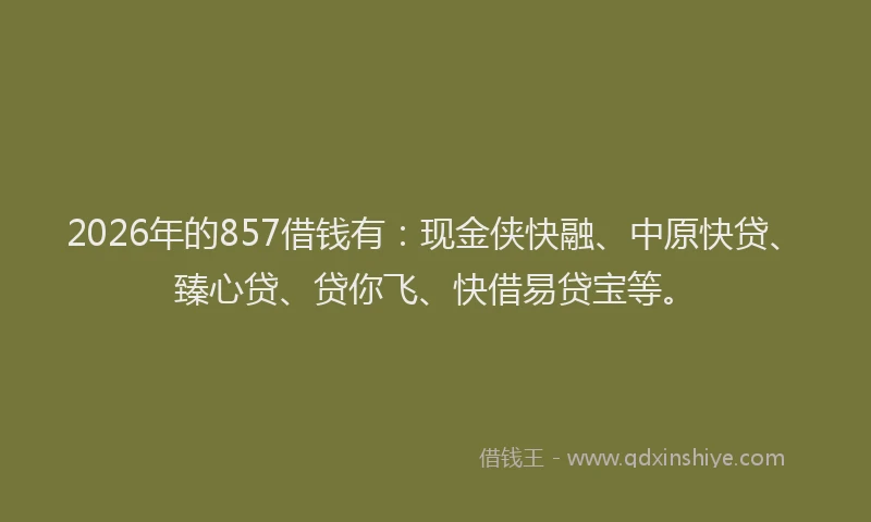 2026年的857借钱有：现金侠快融、中原快贷、臻心贷、贷你飞、快借易贷宝等。