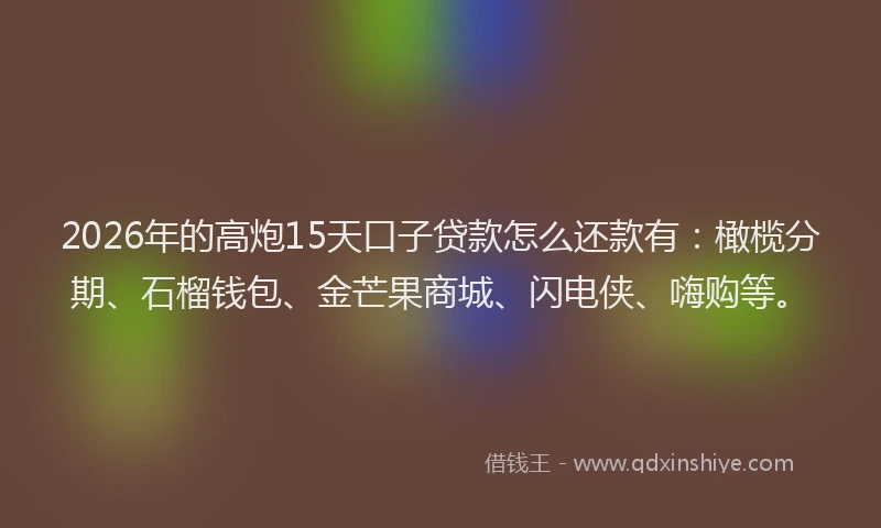 2026年的高炮15天口子贷款怎么还款有：橄榄分期、石榴钱包、金芒果商城、闪电侠、嗨购等。
