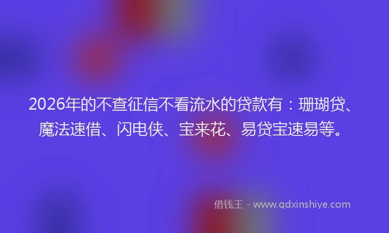 2026年的不查征信不看流水的贷款有：珊瑚贷、魔法速借、闪电侠、宝来花、易贷宝速易等。