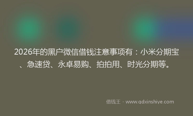 2026年的黑户微信借钱注意事项有：小米分期宝、急速贷、永卓易购、拍拍用、时光分期等。