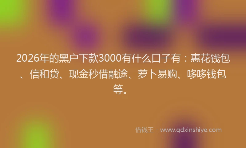 2026年的黑户下款3000有什么口子有：惠花钱包、信和贷、现金秒借融途、萝卜易购、哆哆钱包等。
