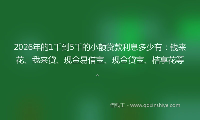 2026年的1千到5千的小额贷款利息多少有：钱来花、我来贷、现金易借宝、现金贷宝、桔享花等。