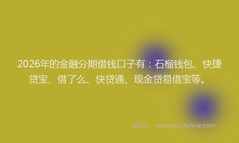 2026年的金融分期借钱口子有：石榴钱包、快捷贷宝、借了么、快贷通、现金贷易借宝等。