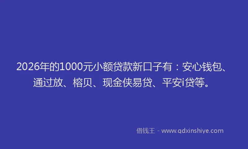 2026年的1000元小额贷款新口子有：安心钱包、通过放、榕贝、现金侠易贷、平安i贷等。