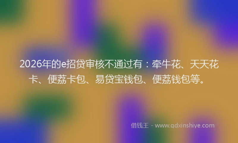 2026年的e招贷审核不通过有：牵牛花、天天花卡、便荔卡包、易贷宝钱包、便荔钱包等。