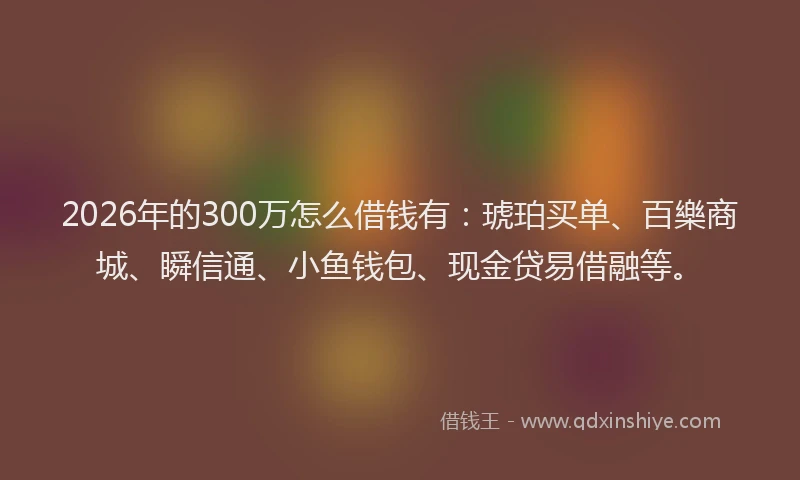 2026年的300万怎么借钱有：琥珀买单、百樂商城、瞬信通、小鱼钱包、现金贷易借融等。