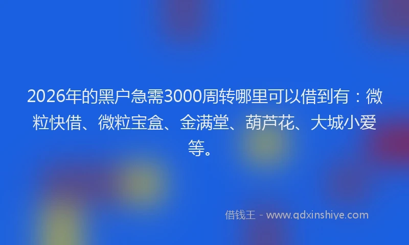 2026年的黑户急需3000周转哪里可以借到有：微粒快借、微粒宝盒、金满堂、葫芦花、大城小爱等。