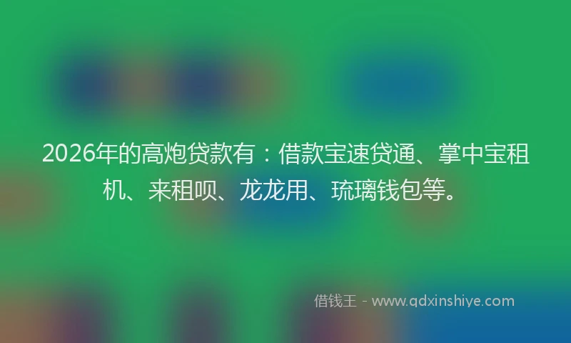 2026年的高炮贷款有：借款宝速贷通、掌中宝租机、来租呗、龙龙用、琉璃钱包等。