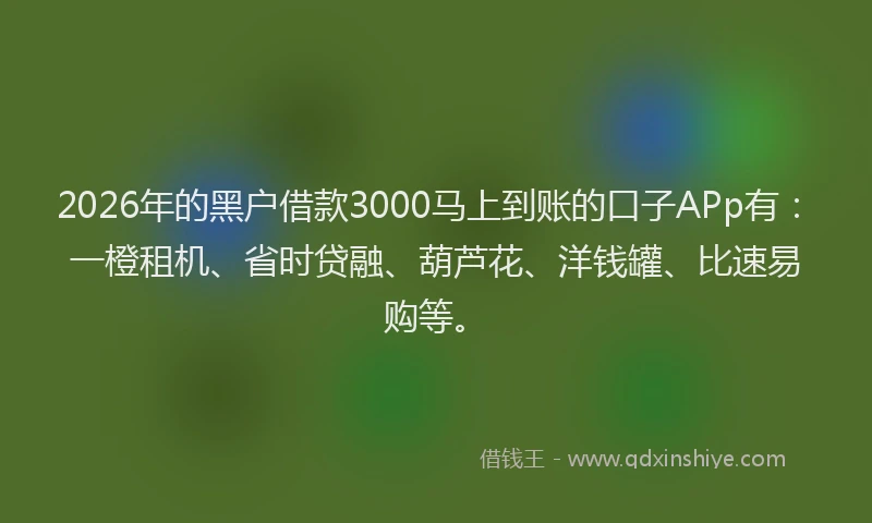 2026年的黑户借款3000马上到账的口子APp有：一橙租机、省时贷融、葫芦花、洋钱罐、比速易购等。