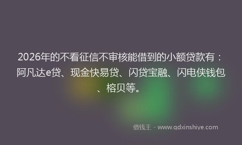 2026年的不看征信不审核能借到的小额贷款有：阿凡达e贷、现金快易贷、闪贷宝融、闪电侠钱包、榕贝等。