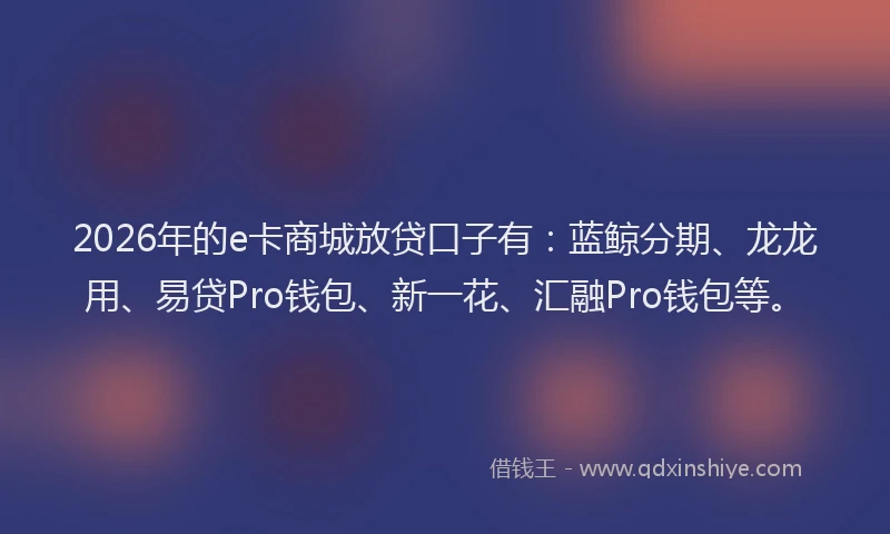 2026年的e卡商城放贷口子有：蓝鲸分期、龙龙用、易贷Pro钱包、新一花、汇融Pro钱包等。