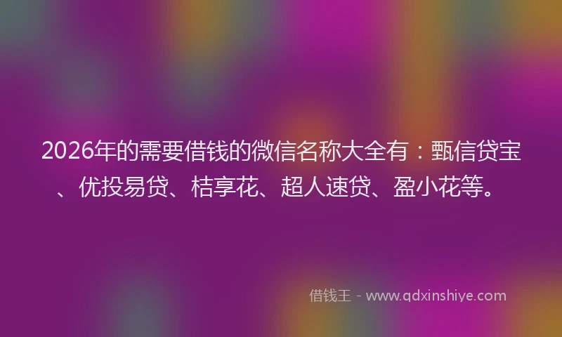 2026年的需要借钱的微信名称大全有：甄信贷宝、优投易贷、桔享花、超人速贷、盈小花等。
