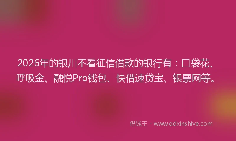 2026年的银川不看征信借款的银行有：口袋花、呼吸金、融悦Pro钱包、快借速贷宝、银票网等。