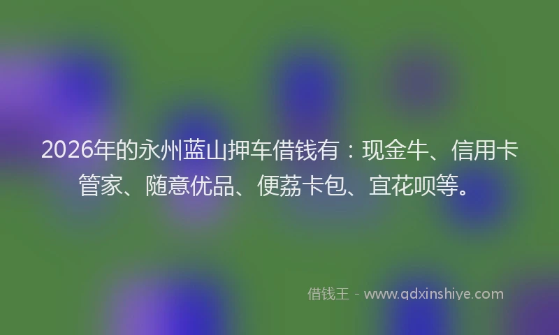 2026年的永州蓝山押车借钱有：现金牛、信用卡管家、随意优品、便荔卡包、宜花呗等。