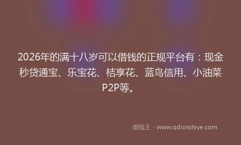 2026年的满十八岁可以借钱的正规平台有：现金秒贷通宝、乐宝花、桔享花、蓝鸟信用、小油菜P2P等。
