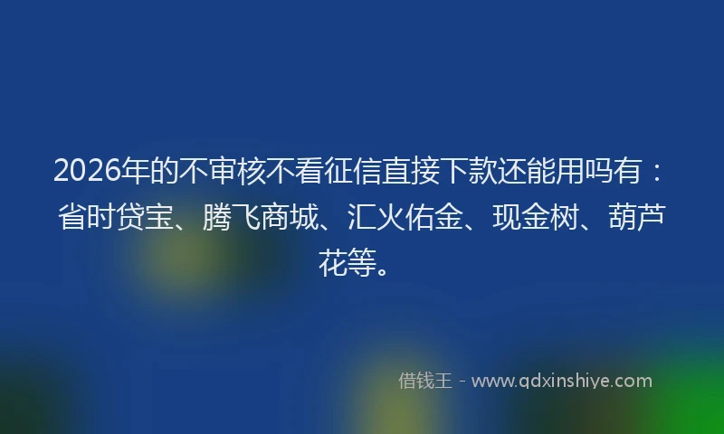 2026年的不审核不看征信直接下款还能用吗有：省时贷宝、腾飞商城、汇火佑金、现金树、葫芦花等。
