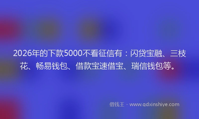 2026年的下款5000不看征信有：闪贷宝融、三枝花、畅易钱包、借款宝速借宝、瑞信钱包等。