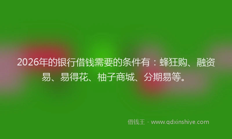 2026年的银行借钱需要的条件有：蜂狂购、融资易、易得花、柚子商城、分期易等。