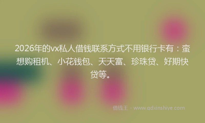 2026年的vx私人借钱联系方式不用银行卡有：蛮想购租机、小花钱包、天天富、珍珠贷、好期快贷等。