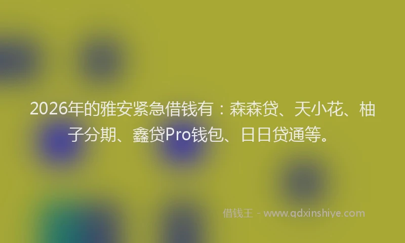 2026年的雅安紧急借钱有：森森贷、天小花、柚子分期、鑫贷Pro钱包、日日贷通等。