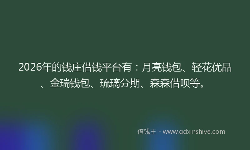 2026年的钱庄借钱平台有：月亮钱包、轻花优品、金瑞钱包、琉璃分期、森森借呗等。