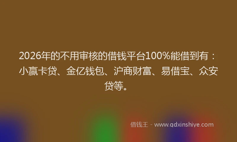 2026年的不用审核的借钱平台100%能借到有：小赢卡贷、金亿钱包、沪商财富、易借宝、众安贷等。