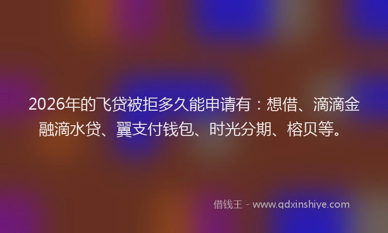 2026年的飞贷被拒多久能申请有：想借、滴滴金融滴水贷、翼支付钱包、时光分期、榕贝等。
