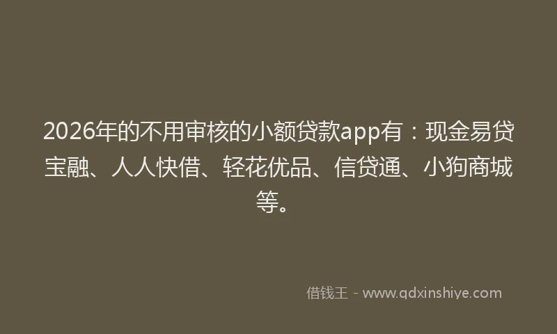 2026年的不用审核的小额贷款app有：现金易贷宝融、人人快借、轻花优品、信贷通、小狗商城等。