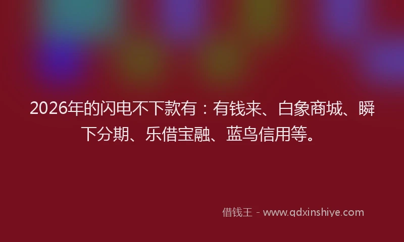 2026年的闪电不下款有：有钱来、白象商城、瞬下分期、乐借宝融、蓝鸟信用等。