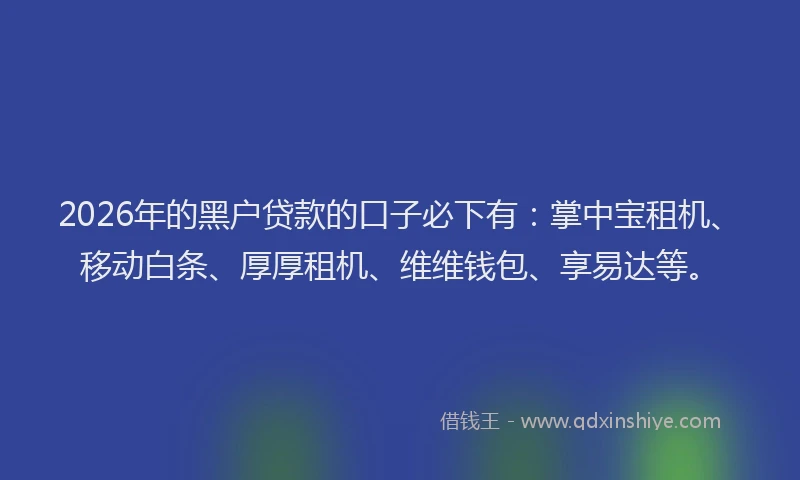 2026年的黑户贷款的口子必下有：掌中宝租机、移动白条、厚厚租机、维维钱包、享易达等。