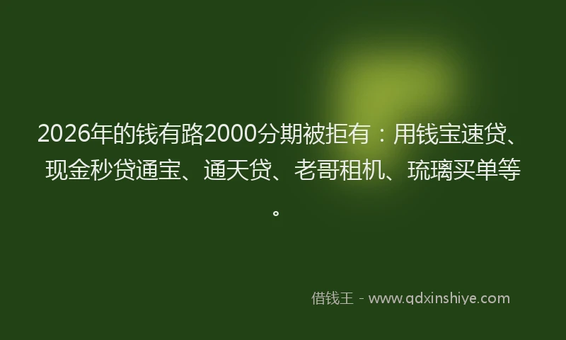 2026年的钱有路2000分期被拒有：用钱宝速贷、现金秒贷通宝、通天贷、老哥租机、琉璃买单等。