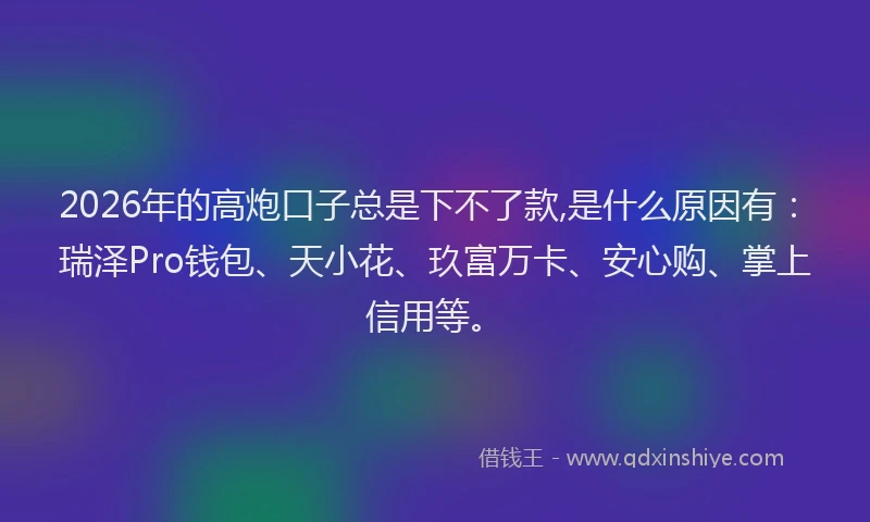 2026年的高炮口子总是下不了款,是什么原因有：瑞泽Pro钱包、天小花、玖富万卡、安心购、掌上信用等。