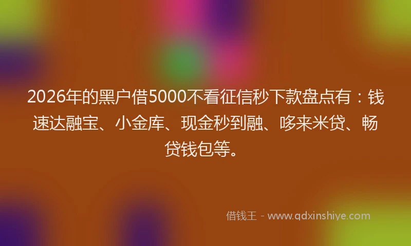 2026年的黑户借5000不看征信秒下款盘点有：钱速达融宝、小金库、现金秒到融、哆来米贷、畅贷钱包等。