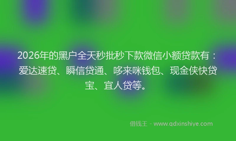 2026年的黑户全天秒批秒下款微信小额贷款有：爱达速贷、瞬信贷通、哆来咪钱包、现金侠快贷宝、宜人贷等。