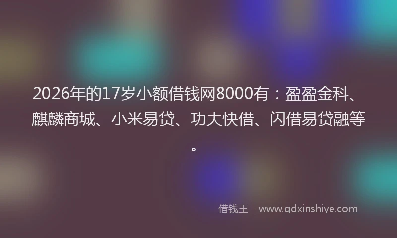 2026年的17岁小额借钱网8000有：盈盈金科、麒麟商城、小米易贷、功夫快借、闪借易贷融等。