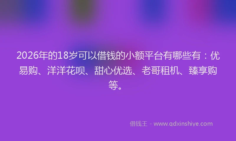 2026年的18岁可以借钱的小额平台有哪些有：优易购、洋洋花呗、甜心优选、老哥租机、臻享购等。