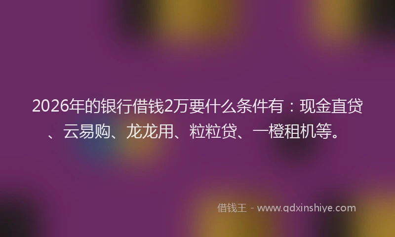 2026年的银行借钱2万要什么条件有：现金直贷、云易购、龙龙用、粒粒贷、一橙租机等。