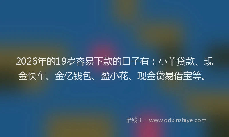 2026年的19岁容易下款的口子有：小羊贷款、现金快车、金亿钱包、盈小花、现金贷易借宝等。