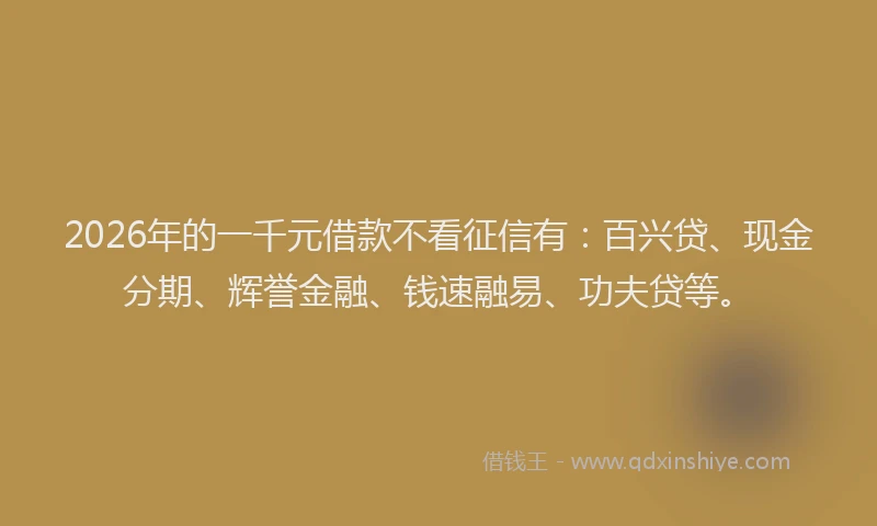 2026年的一千元借款不看征信有：百兴贷、现金分期、辉誉金融、钱速融易、功夫贷等。