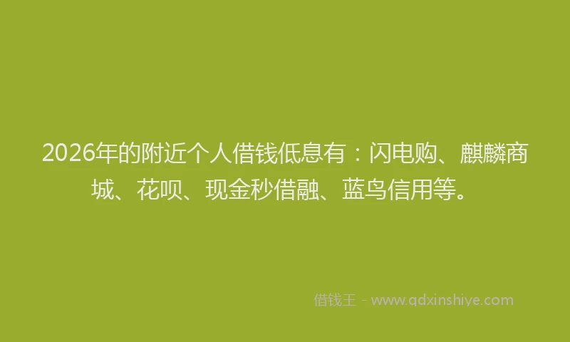 2026年的附近个人借钱低息有：闪电购、麒麟商城、花呗、现金秒借融、蓝鸟信用等。