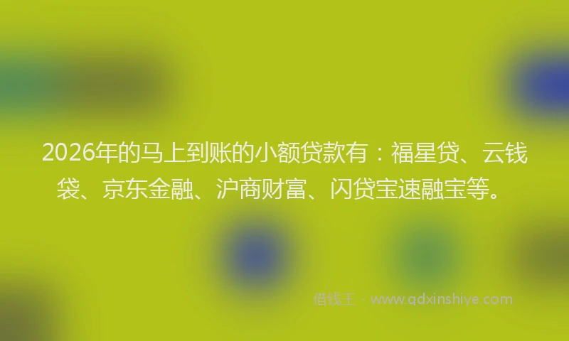 2026年的马上到账的小额贷款有：福星贷、云钱袋、京东金融、沪商财富、闪贷宝速融宝等。