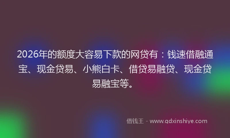 2026年的额度大容易下款的网贷有：钱速借融通宝、现金贷易、小熊白卡、借贷易融贷、现金贷易融宝等。