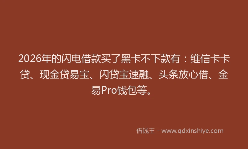2026年的闪电借款买了黑卡不下款有：维信卡卡贷、现金贷易宝、闪贷宝速融、头条放心借、金易Pro钱包等。