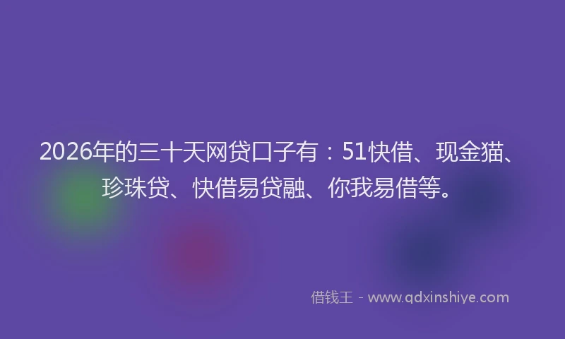 2026年的三十天网贷口子有：51快借、现金猫、珍珠贷、快借易贷融、你我易借等。